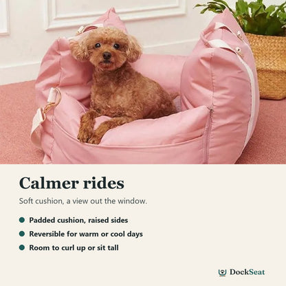 Poodle resting on the padded cushion of a blush pink DockSeat