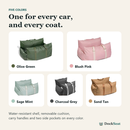 DockSeat dog car seat in five colors: olive green, blush pink, sage mint, charcoal grey, sand tan