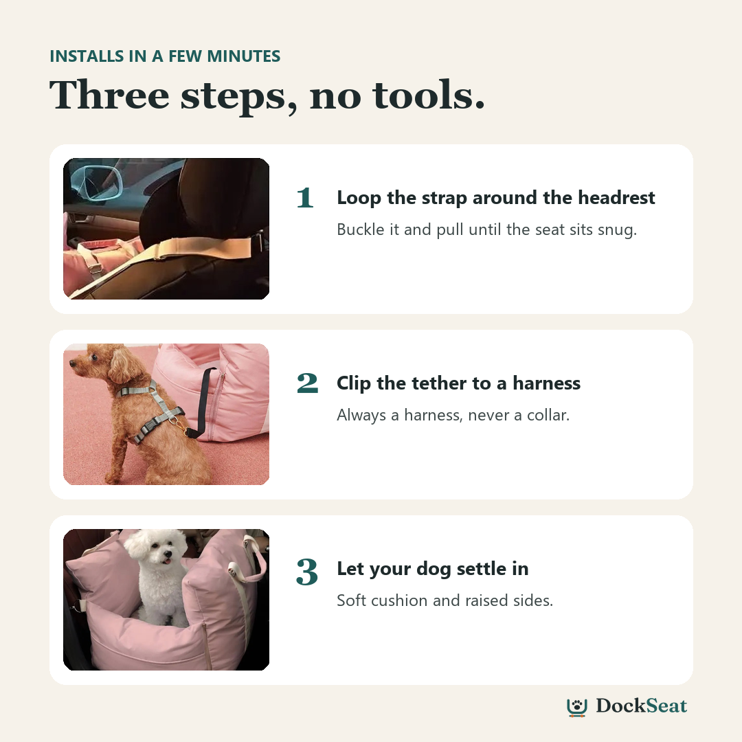 How to install the DockSeat dog car seat: headrest strap, harness tether, dog settles in
