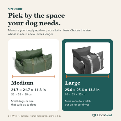 DockSeat size guide: Medium 21.7 x 21.7 x 11.8 in, Large 25.6 x 25.6 x 13.8 in