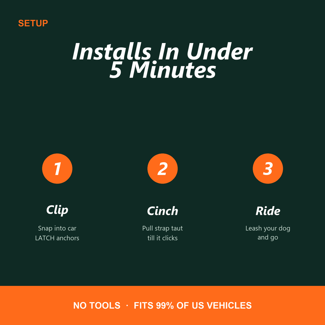 Dog Dock installs in under 5 minutes: Clip, Cinch, Ride