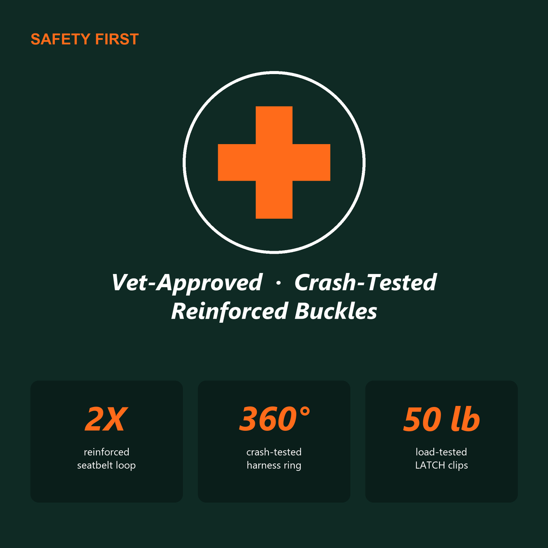 Dog Dock safety: Vet-Approved, Crash-Tested straps, Reinforced Buckles, tested to 250 lbs